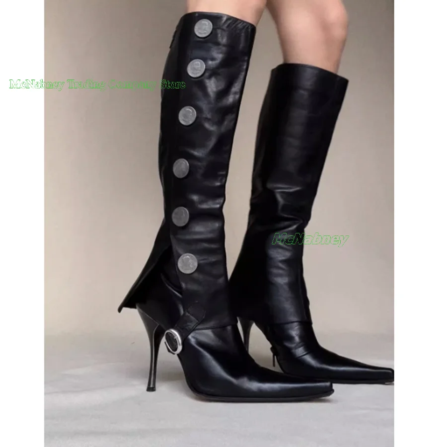 Black Leather Buckle Women Boots Fine Heeled Pointed Toe High Heeled Boots Buckle Patchwork Long or Short Boots 2023 Plus Size