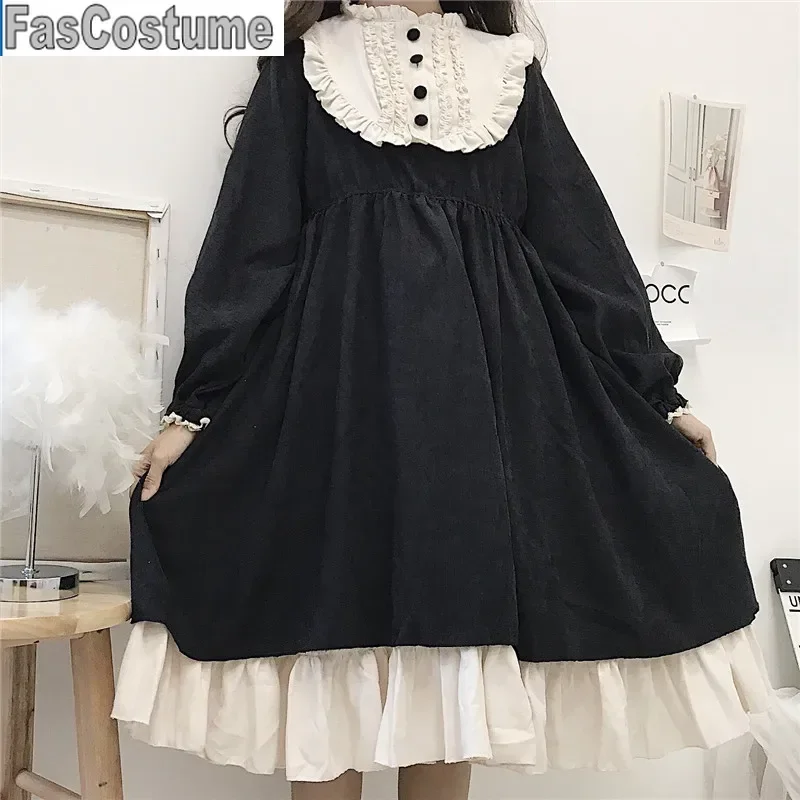 

Japanese Style Autumn Women'S Dresses High Waist Slimming Contrast-Color Ruffled Sweet Lolita Dress Princess Kawaii Clothing