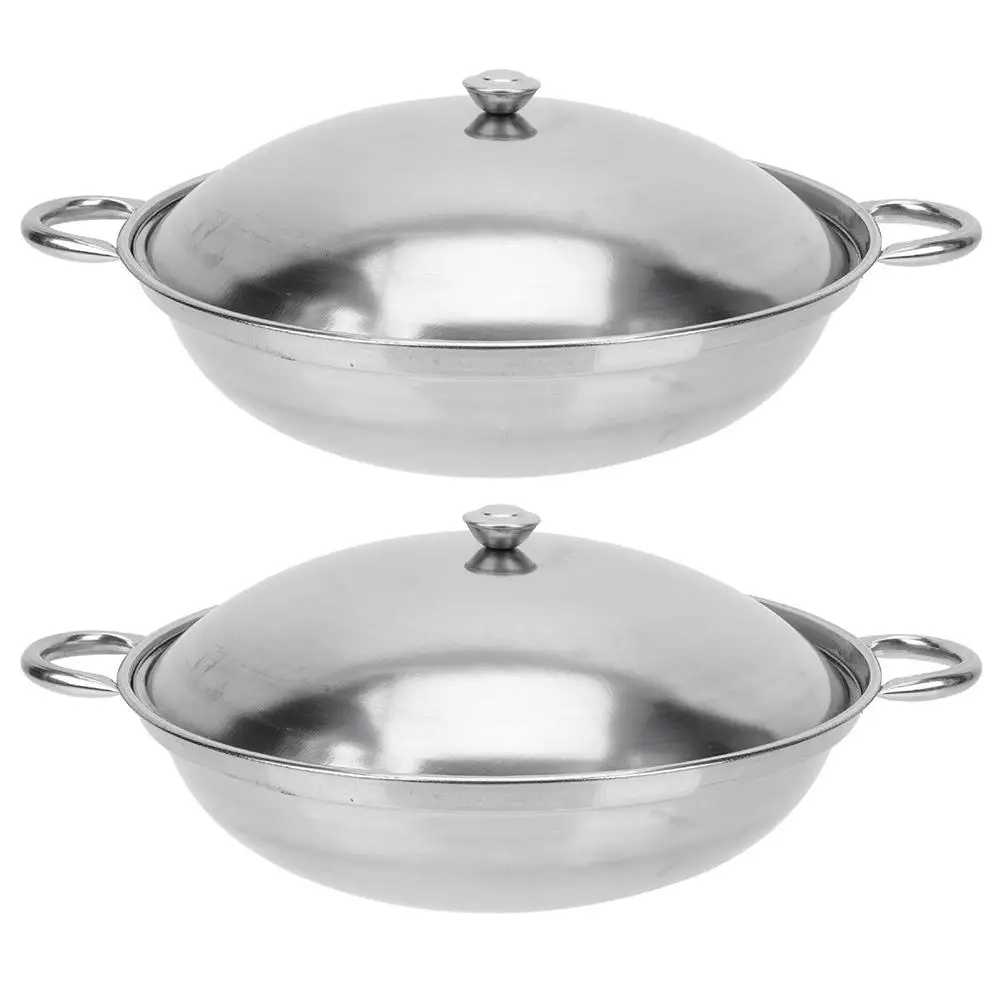 

2 Pcs Stainless Steel Griddle Metal Fry Pan Kitchen Pot Small Pots for Cooking Wok Salad Thicken Hot Work with Lid