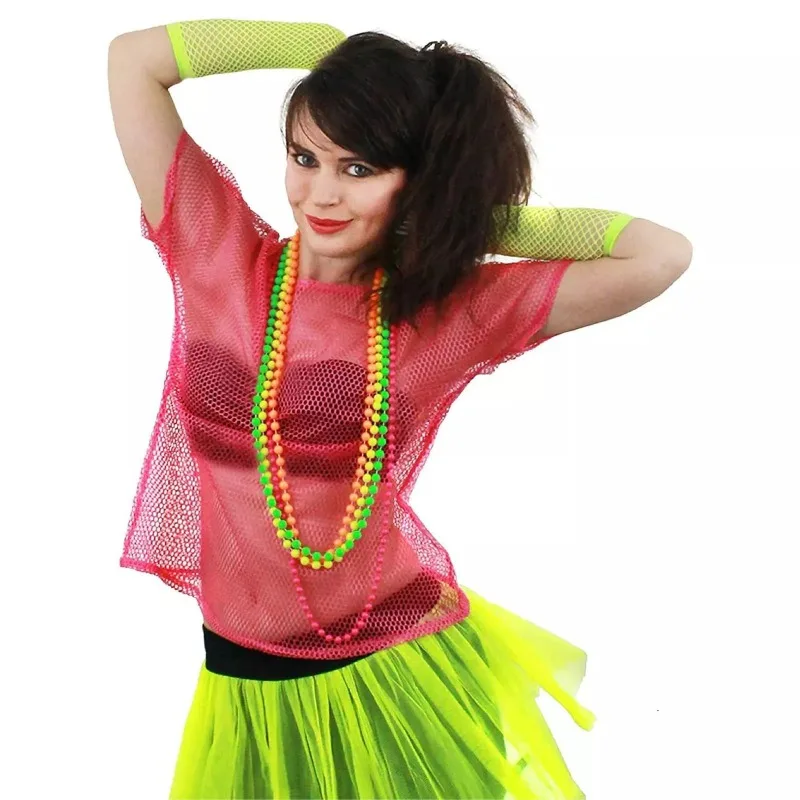 Camiseta de Rejilla Fluorescente para Fiesta, Baile, Carnaval, Disfraz de Festival de los 80