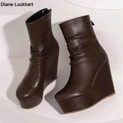 Wedges Ankle Boots Women Winter Autumn Shoes Fashion Faxu Leather Platform Women's Short Boots Sexy High Heels Black Shoes Femal