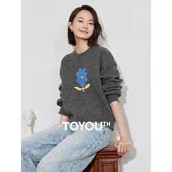 TOYOUTH Women Knitwear 2024 Autumn Winter New Flower Jacquard Long Sleeve Round Neck Thicking Warm Pullover Sweater