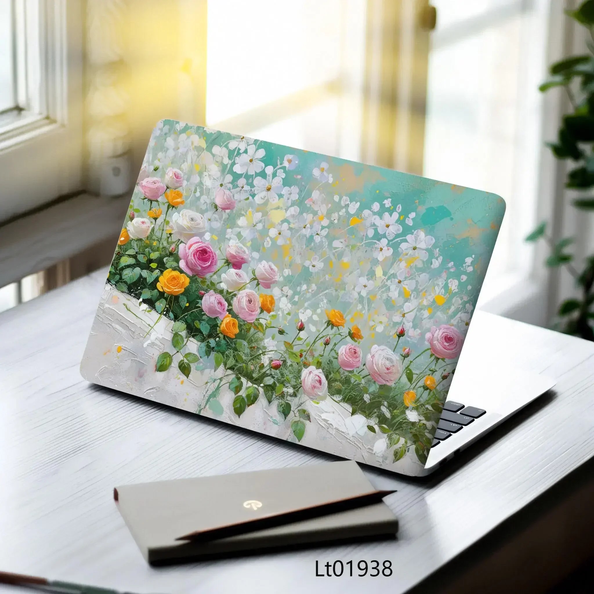 PVC Oil Painting Flower Laptop Stickers 2 Pcs 15.07x10.82 Inches Aesthetic Vinyl Decals for MacBook Tablet PC Stickers MacBook