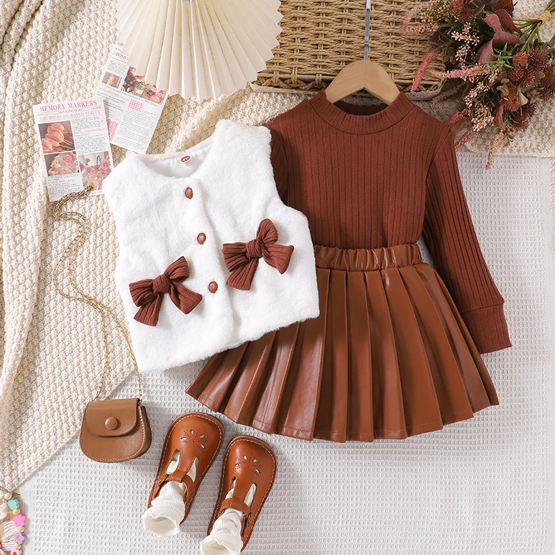 

Princess Style Kid Dress Long Sleeve Inner Sweater Bowknot Plush Vest Leather Short Skirt Girl Three-Piece Autumn Children Set