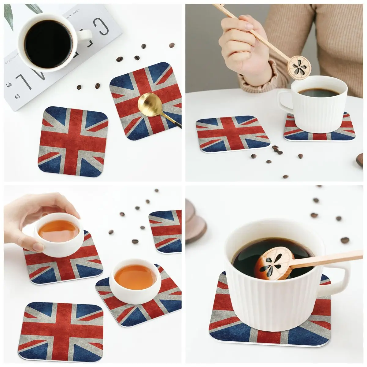 British Union Jack Flag Grungy Vintage Version Coasters Kitchen Placemats  Insulation Cup Coffee Mats  Tableware Pads Set of 4