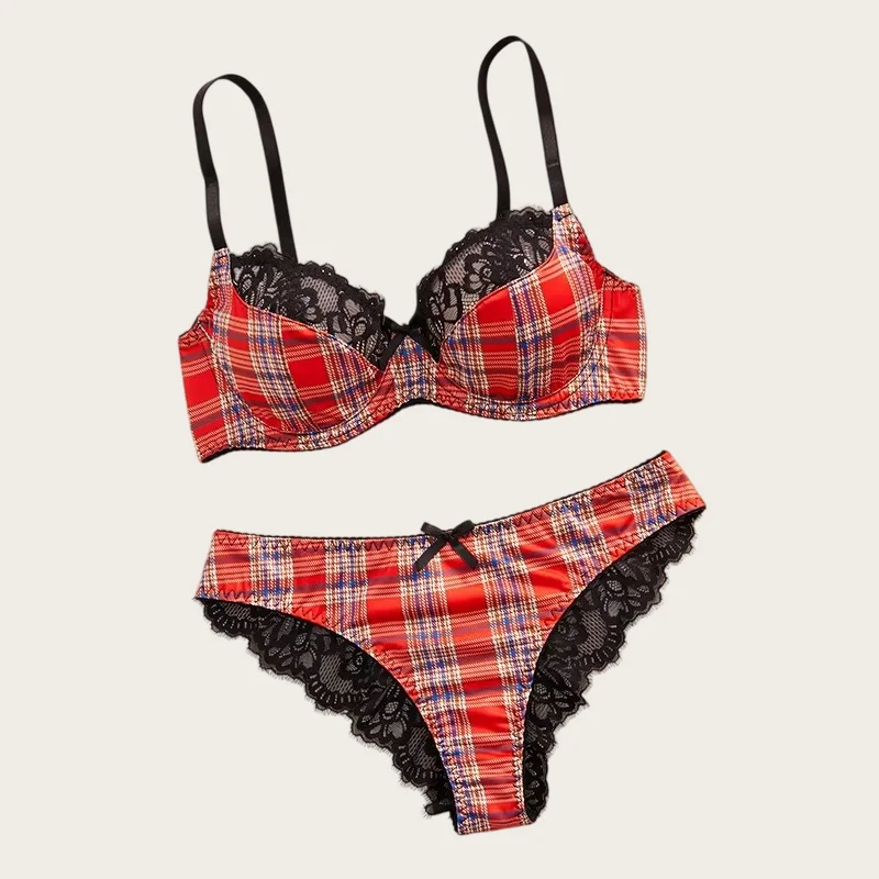 

Sensual Women Lingerie Lace Trim Red Plaid Lingerie Set Naughty Erotic Lingerie Push Up Bra Set Intimate Christmas Sexy Lingerie