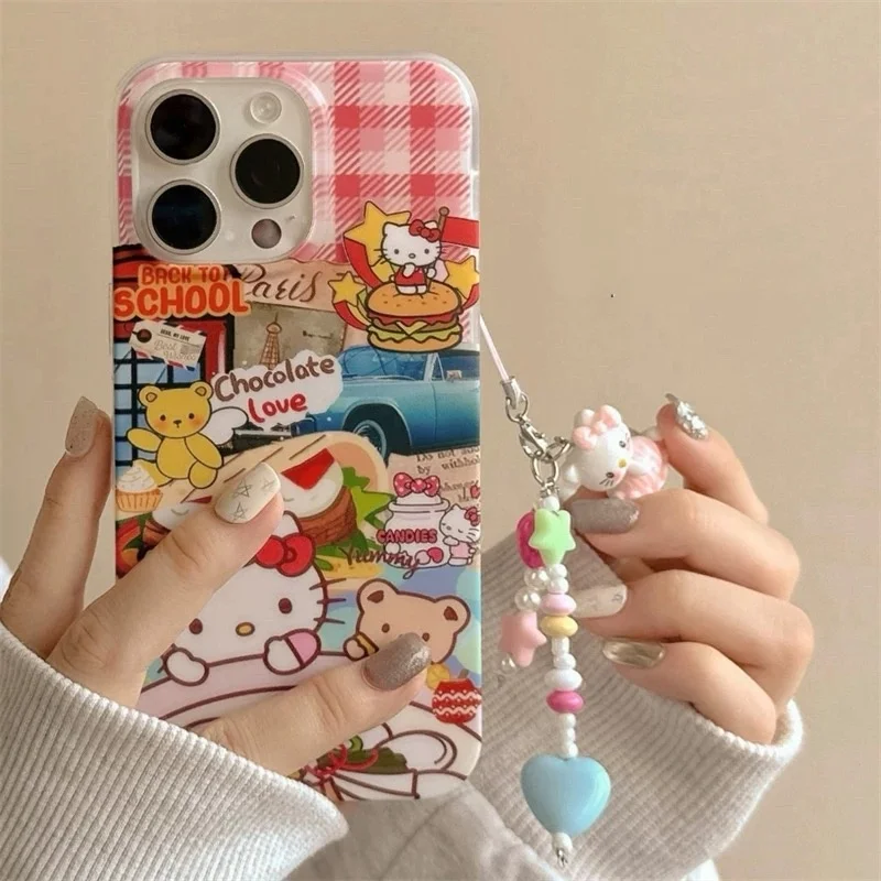 Cute Cake Burger Hello Kitty Hello Kitty Bear Phone Case For iPhone 11 12 13 14 15 16 Pro Max Lattice Cartoon Car Kitty Cover