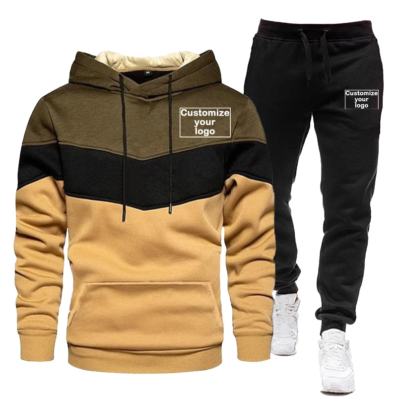 2024 Set sportivo da uomo personalizzato il tuo Logo felpa con cappuccio tricolore Set da 2 pezzi con felpa con cappuccio + pantaloni della tuta Set da Jogging