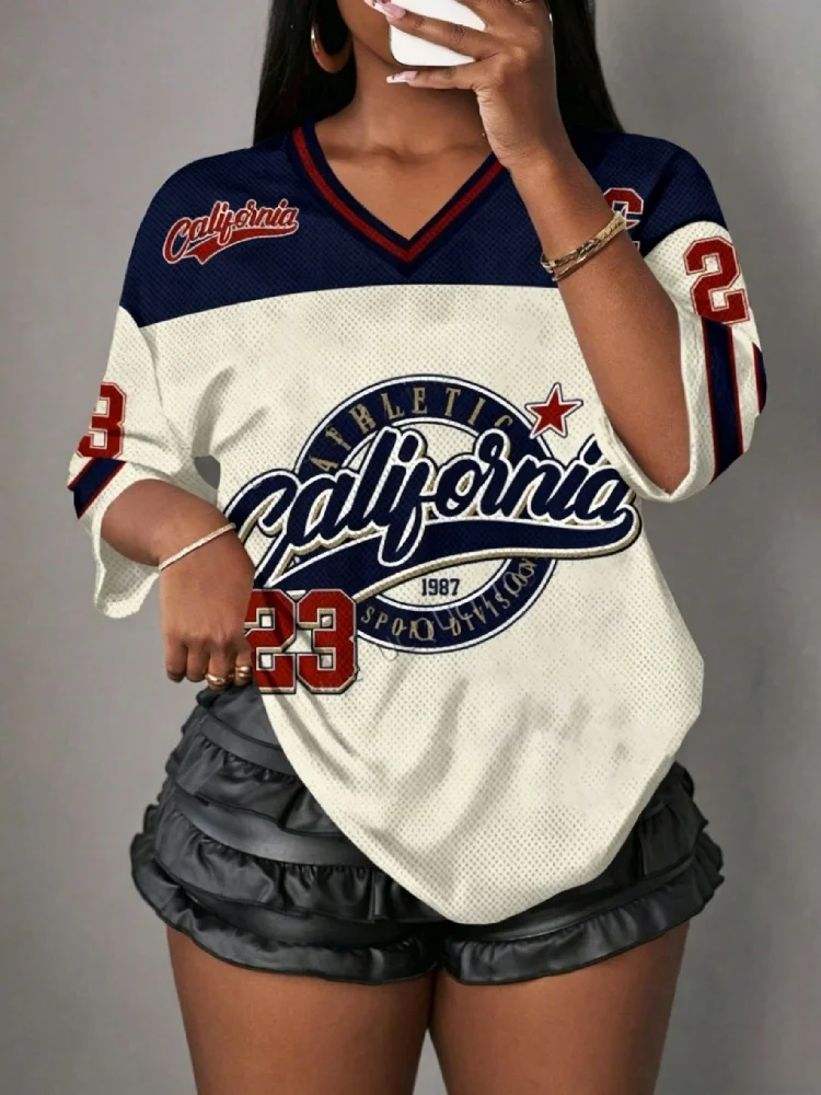 Camiseta deportiva con cuello en V para mujer, camiseta informal con estampado de California NO.23, ropa informal de verano, camiseta deportiva de malla, camisetas para niños y familia
