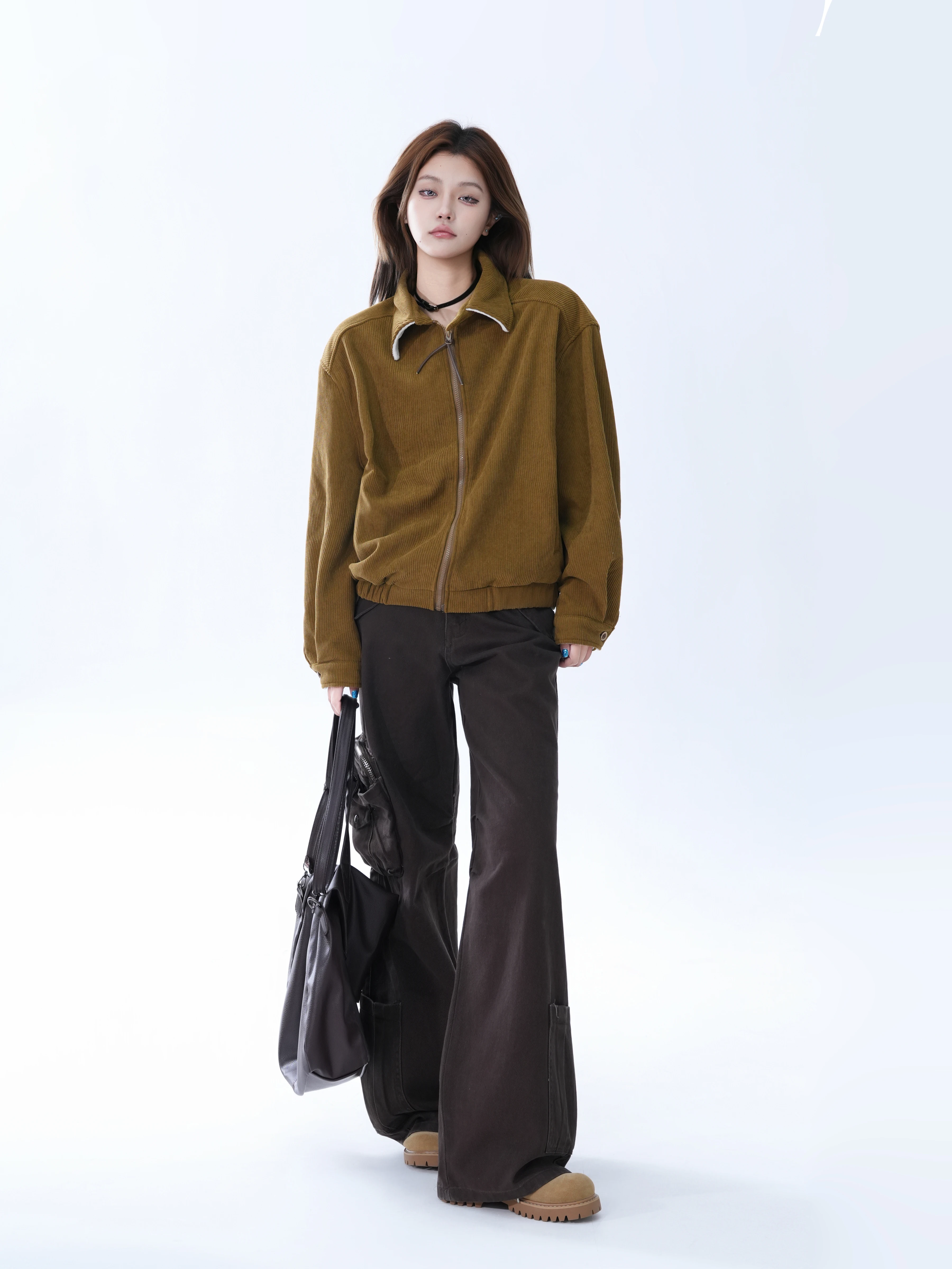 Retro American Corduroy Harrington Jacket Women Loose Couple Barn Style Top Warm Long Sleeve Zipper Closure  Color