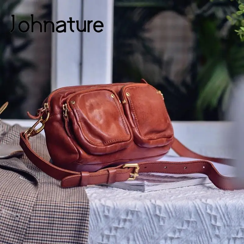 Johnature Vintage Crossbody Bag 2024 New Genuine Leather Simple Solid Color Natural Soft Real Cowhide Women Shoulder Bags