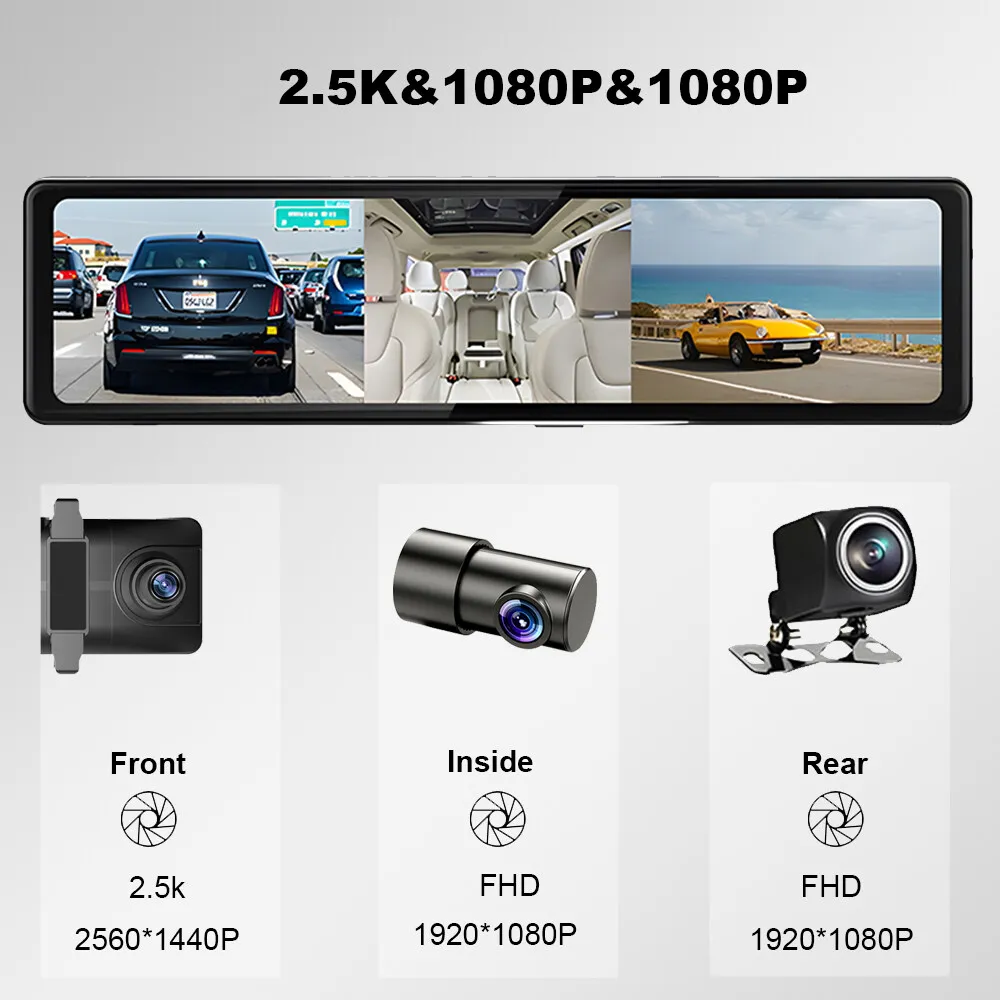 EKLEVA 11.26 Inch 2.5K 1440P Carplay Dash Cam Car Avto Dvr Mirror Recorder 3 In 1 Video Recorder Black Box Car Play 3 Car Camera