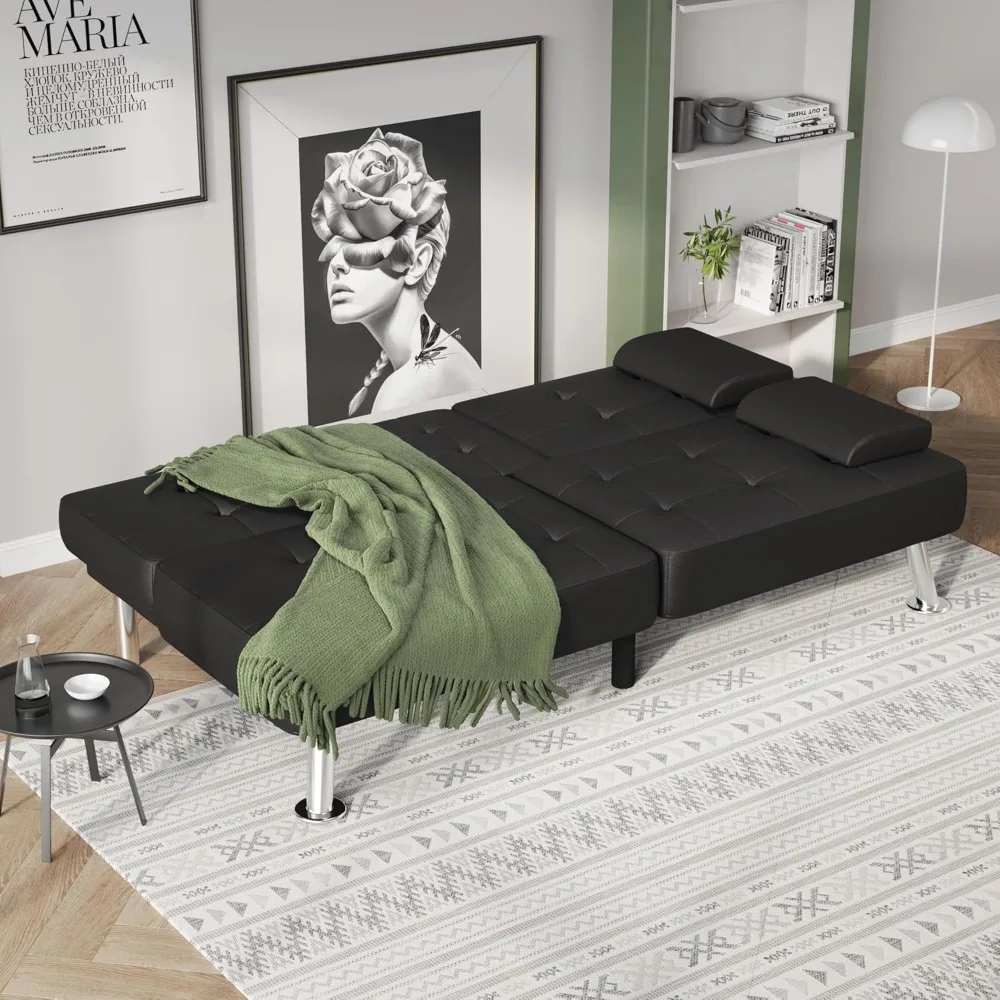 Sofá-cama futon dobrável moderno, poltrona reclinável conversível com porta-copos, braços removíveis, couro PU preto