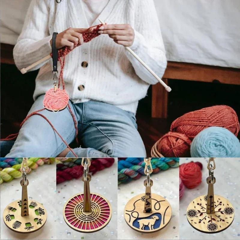 حامل الغزل الخشبي المحمول مع حزام المعصم للحياكة الخياطة الموضوع بكرة كرة صوف اللفاف DIY الحرفية