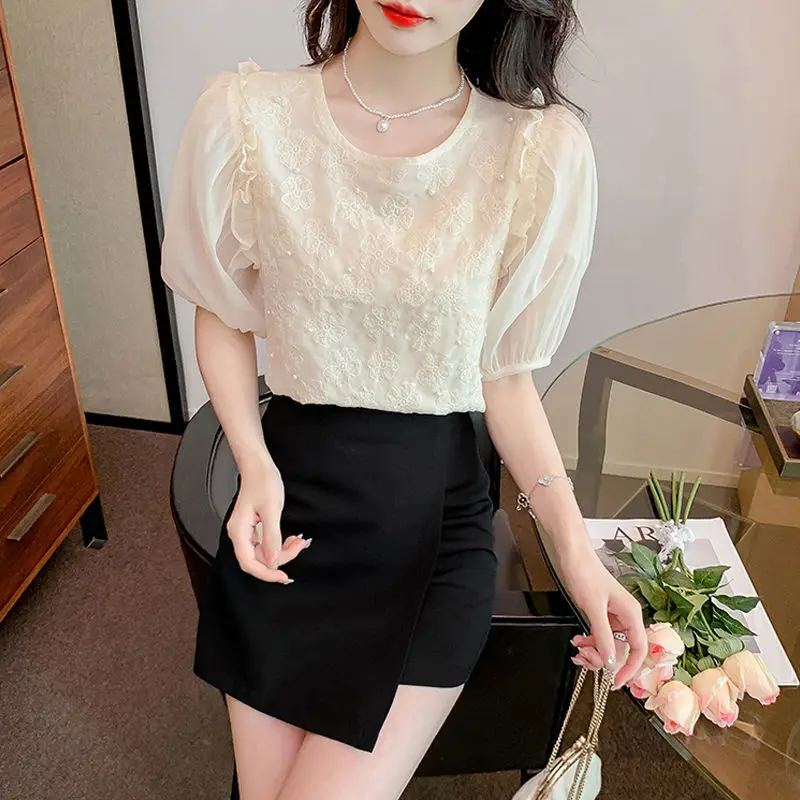 

Блузки с пышными рукавами, женские модные темпераментные молодые универсальные офисные женские блузки в корейском стиле, элегантные, милые, шикарные, мешковатые, для отдыха