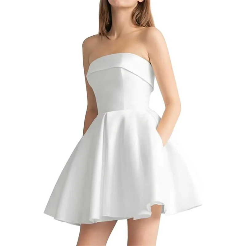 Simples barato curto cetim uma linha sem alças mini comprimento vestidos de dama de honra festa de casamento noite baile de formatura cocktail rendas até