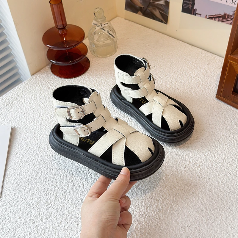 

High-top Roman sandals for girls, new summer genuine leather princess shoes, Korean style versatile and fashionable beach shoes