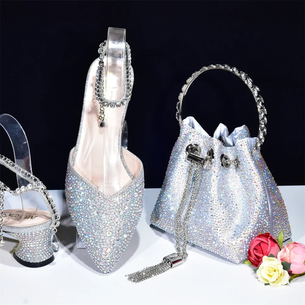 Latest Party Shoes and Bags To Match for Nigerian African Bag Shoe Set Decrated with Rhinestone Wedding Shoes Bride