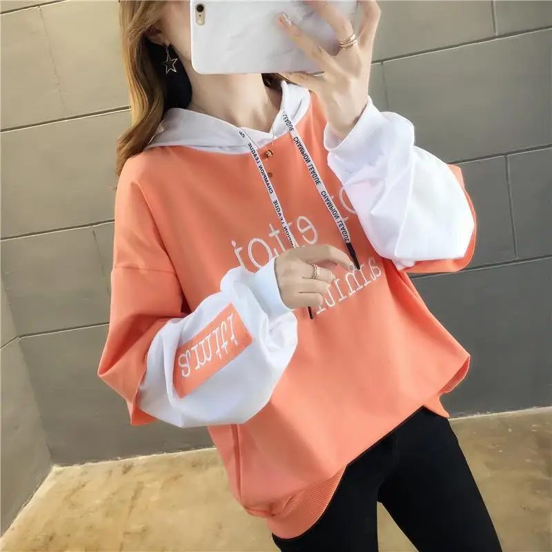 Women's Autumn Winter New Fashion Hooded Letter Patchwork Casual and Versatile Long Sleeved Loose Fake Two-piece Sweatshirts