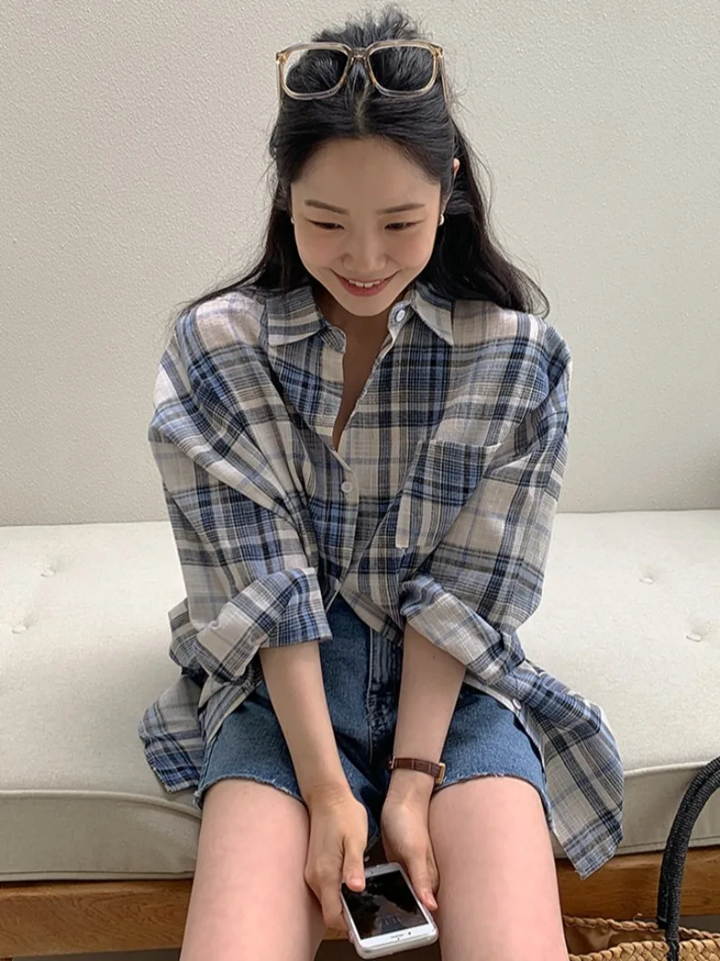 Chic Autumnal Loose Casual Long Sve Plaid Cotton Linen irt Women's Turn-down Collar Color Blo Lazy Sle Versatile Top