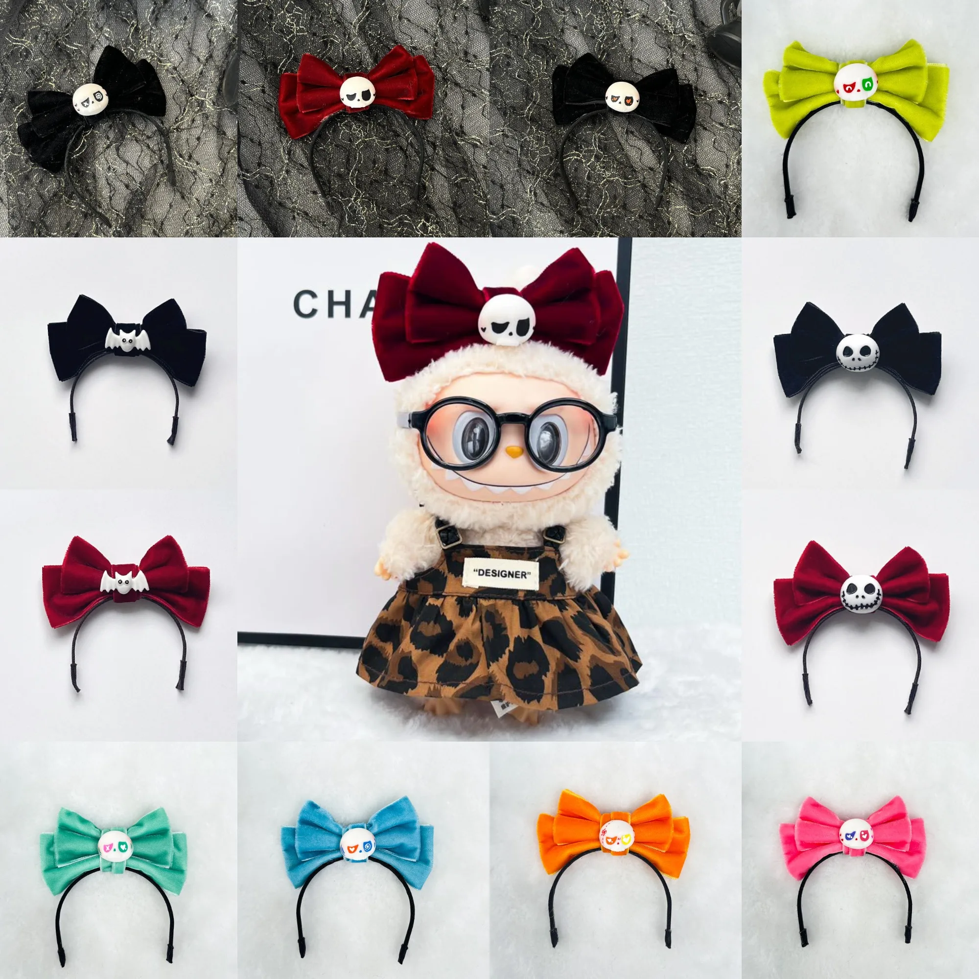 

Hair Accessories For 15/17cm Labubu Dolls Gen 1-3 Halloween Custumes Hair Hoop Dark Velvet Bow Skull Bat Headpiece Accessories