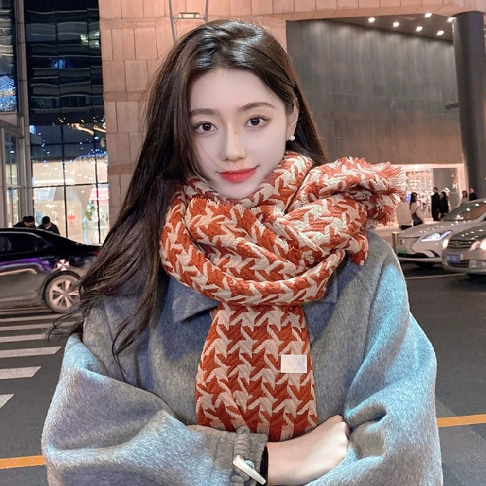 Ins Korean Style Plaid Shawl Wrap Houndstooth Soft Wool Tassel Scarves Color Contrast Thicken Long Scarf Student