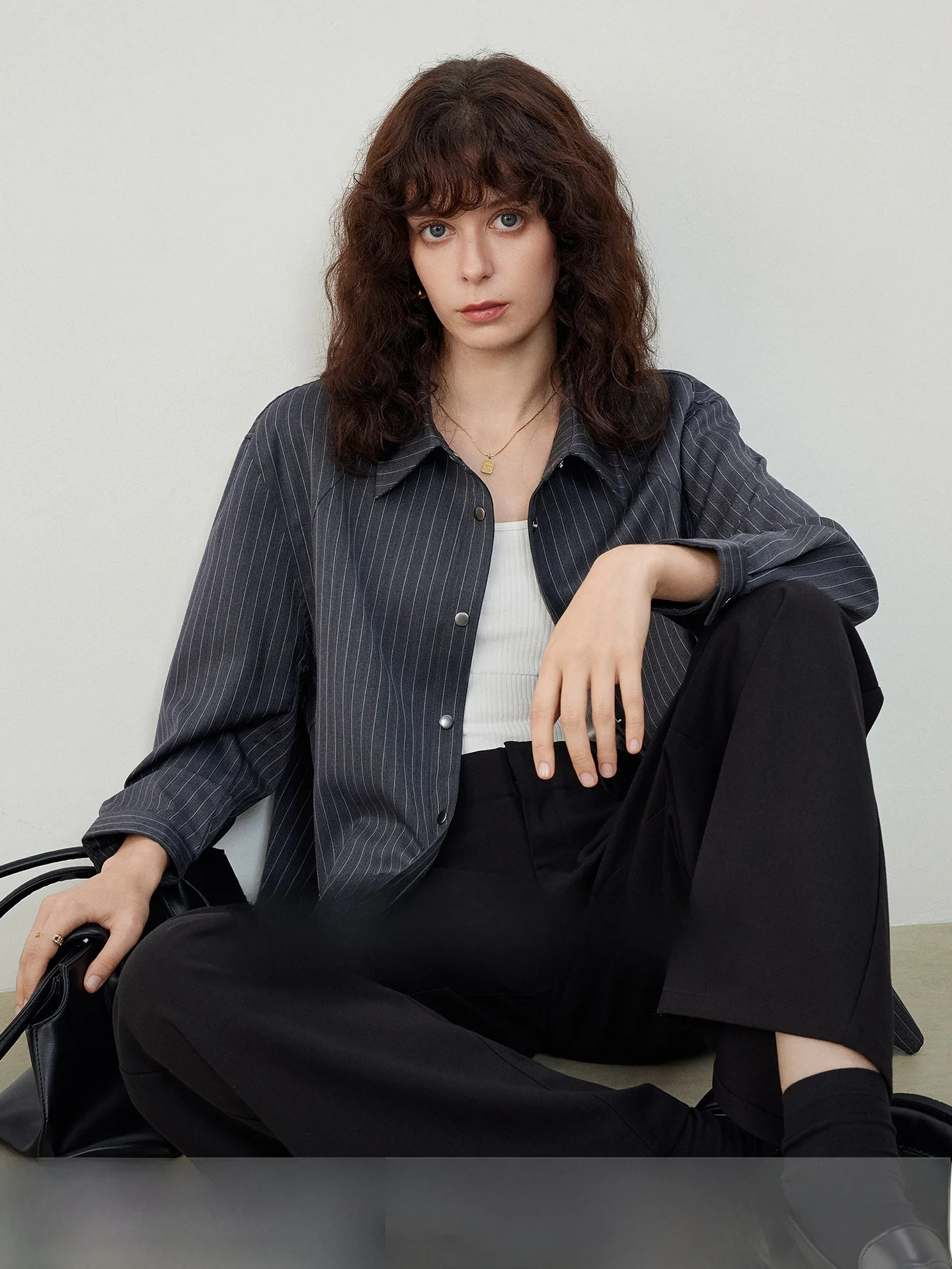 

Grey Striped Wool Blend Shirt Women's Spring Summer French Style Breathable Comfortable Long Sleeve Casual Business Top