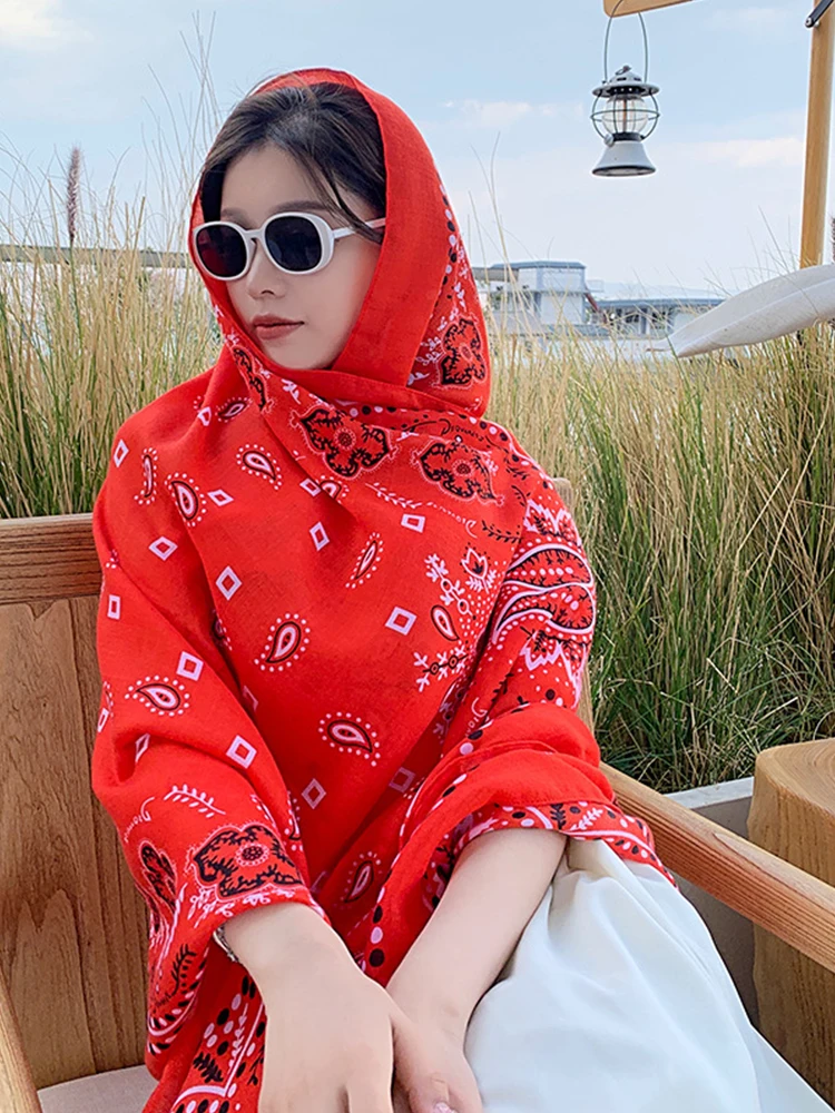 Summer Elegant Women Silk Scarf Beach Long Wrap Shawl Vintage Red Print Lady Sunscreen Bandana Hijab Mujer Bohemian Scarve Pareo