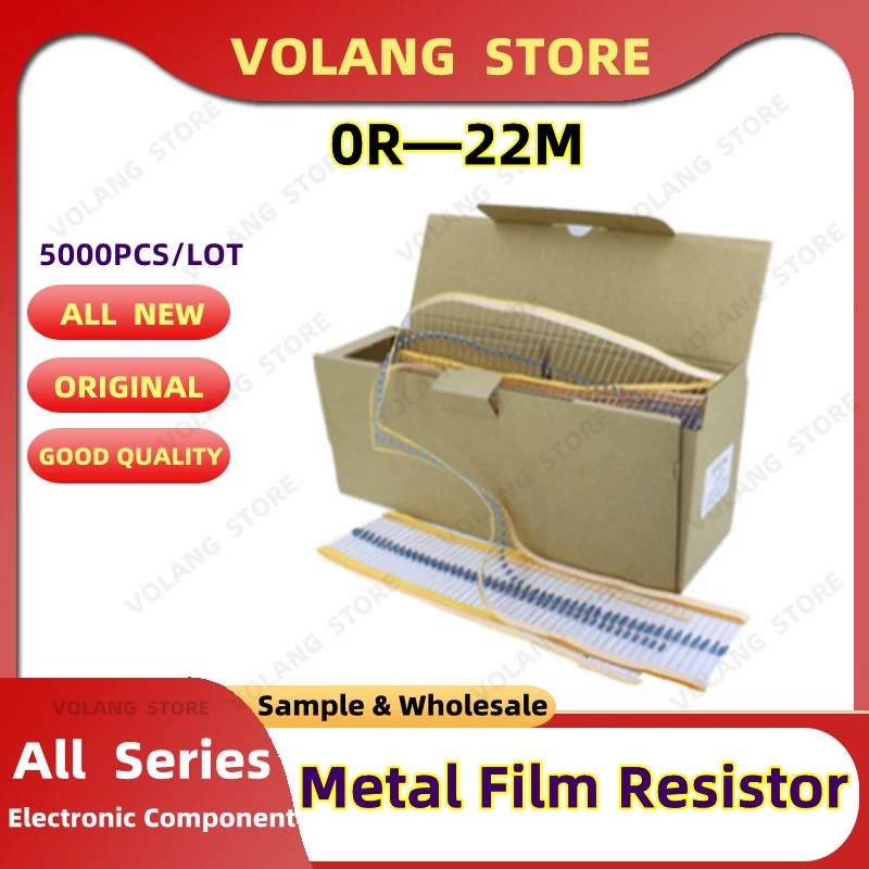 5000Pcs 1/4W 0R-22M 1% Metal Film Resistor 0.25W 0 2.2R 10 120 180 220 270 330 470 1K 68K 82K 4.7K 13K 150K 560K 1M 10M 20M Ohms