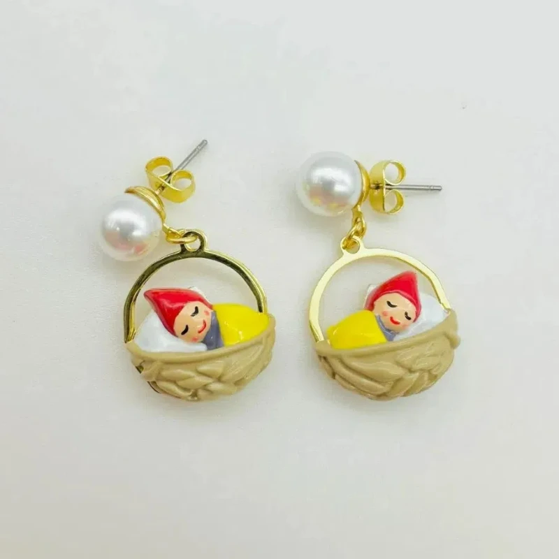 

Trendy Cartoon Personality Handmade Enamel Dwarf Walnut Cradle Dream Baby Sleeping Ear Clip, Stud Earrings, Necklace for Women