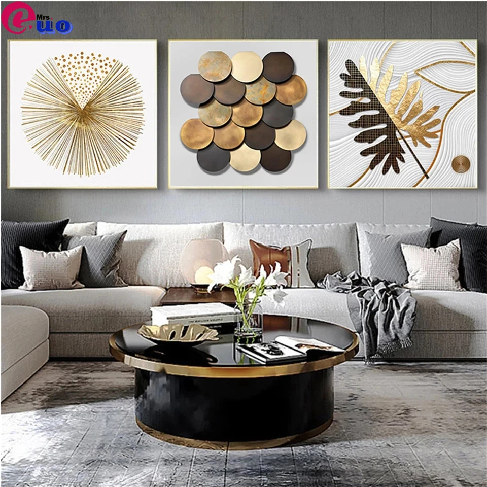 Full square round diamond painting Nordic Golden Abstract Leaf mosaic Embroidery Cross-stitch Golden Line Circle Home Decor