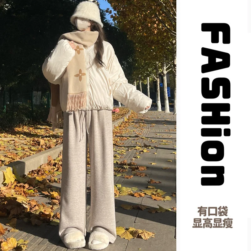 Couleur d'avoine nouvelles femmes automne hiver Plus velours épaissi taille haute droite polyvalent ample décontracté pantalon à jambes larges