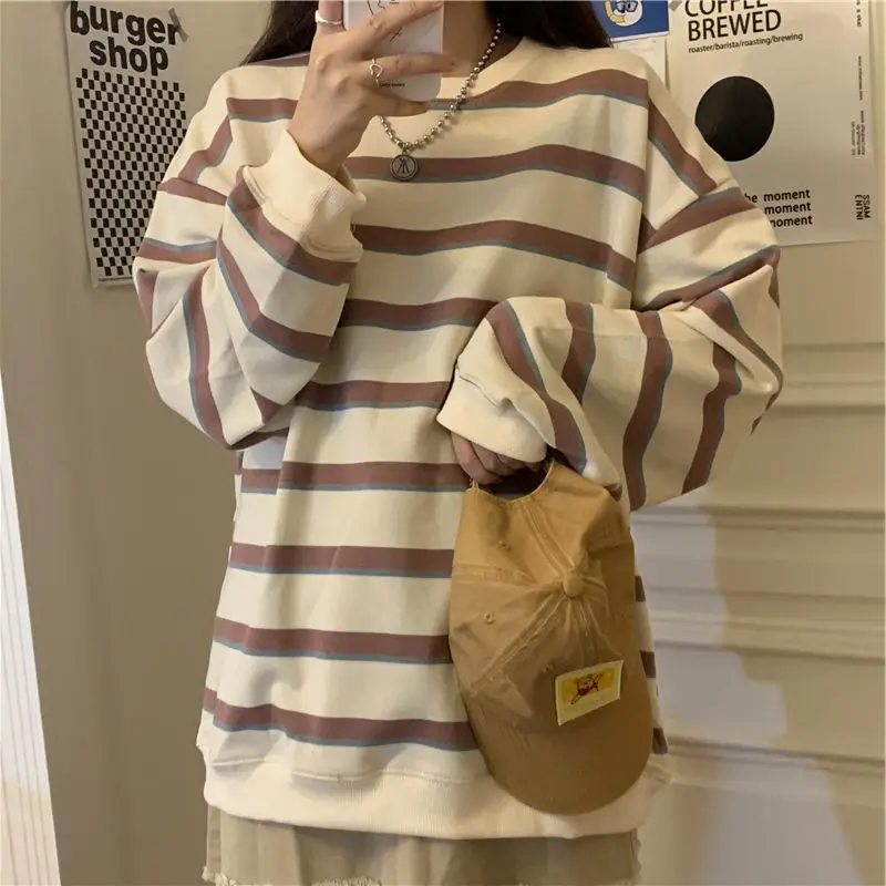 

Preppy Style Basic Striped Sweatshirt Women Vintage Korean Fashion Oversize Long Sleeve T-shirts Female Harajuku Tops