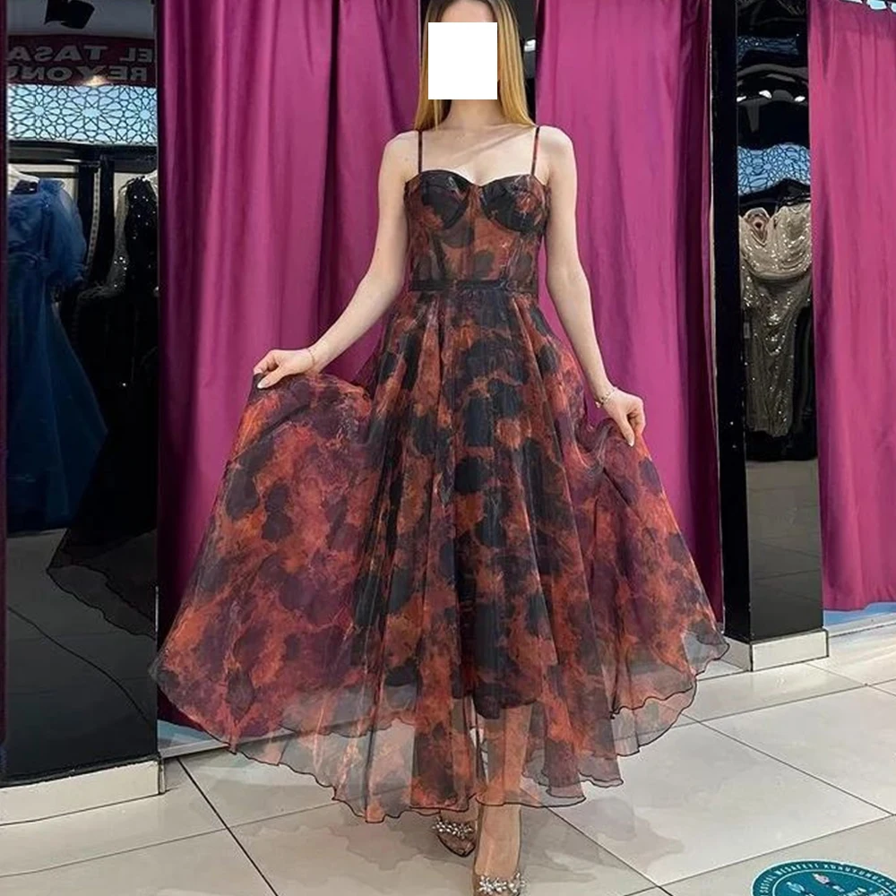 

Sleeveless Tea Length Spaghetti Straps Chiffon Square Neck Straight Evening Dress Elegant Pleats Flowers Saudi Arabia Women