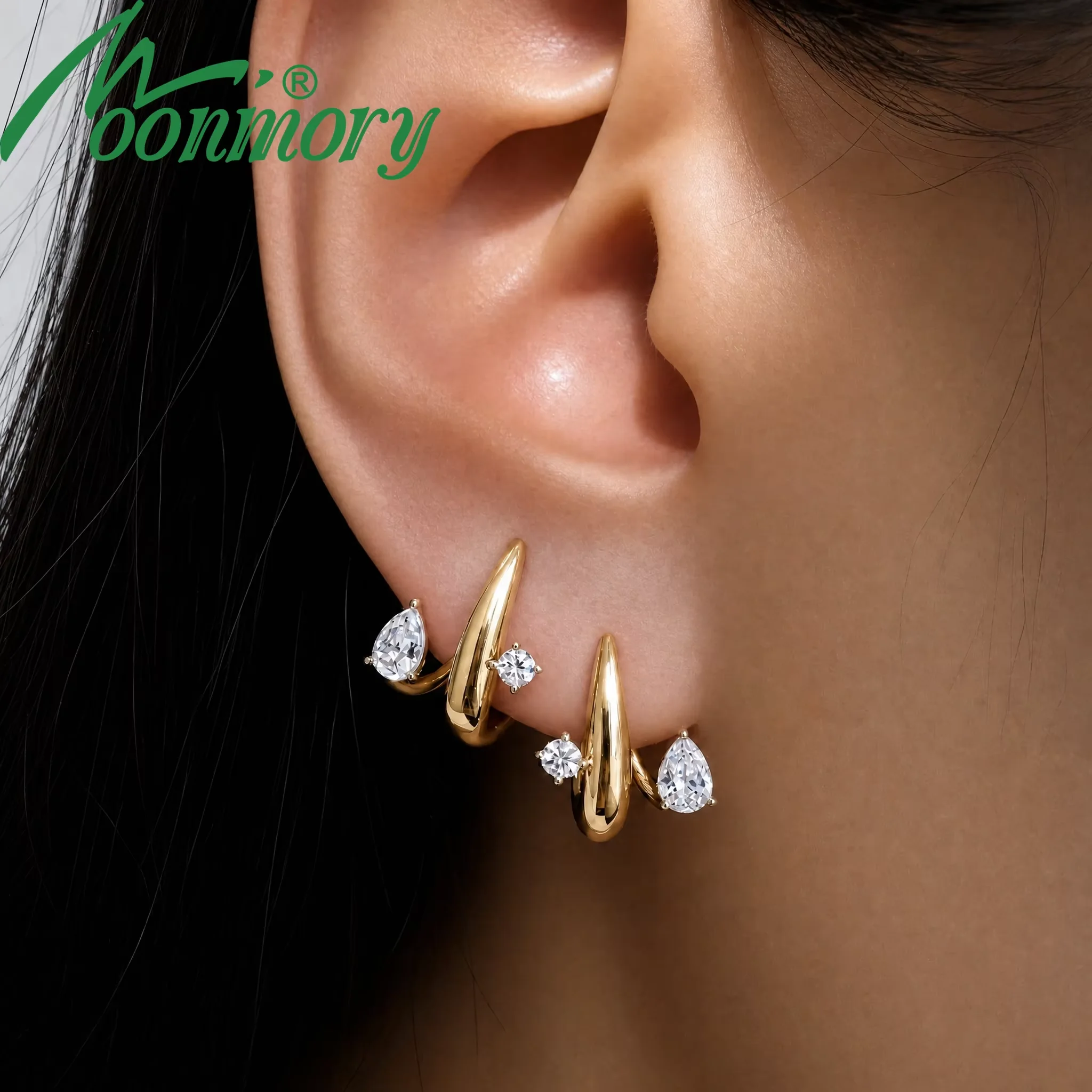 Moonmory Minimalistisches Einzigartiges Design Luxusmarken 5A Marquise Oval Birnenförmige Serie Huggies Ohrringe für Frauen 14K Doppelschicht – Detail 1
