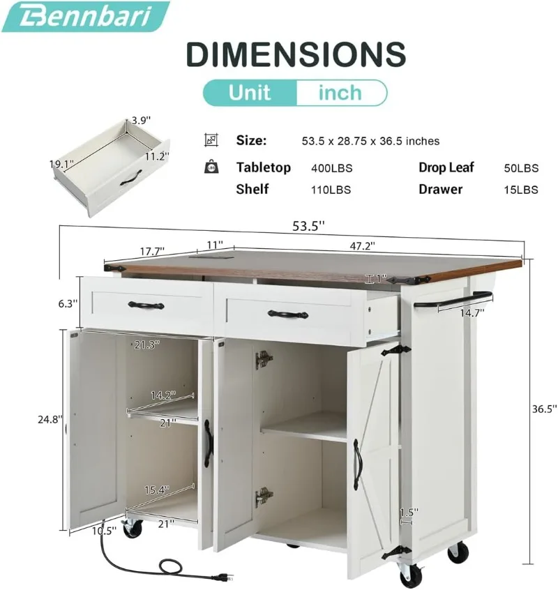 Farmhouse Kitchen Island with Power Outlet, Rolling Kitchen Cart with Drop Leaf, Mobile Storage Island, Storage Kitchen