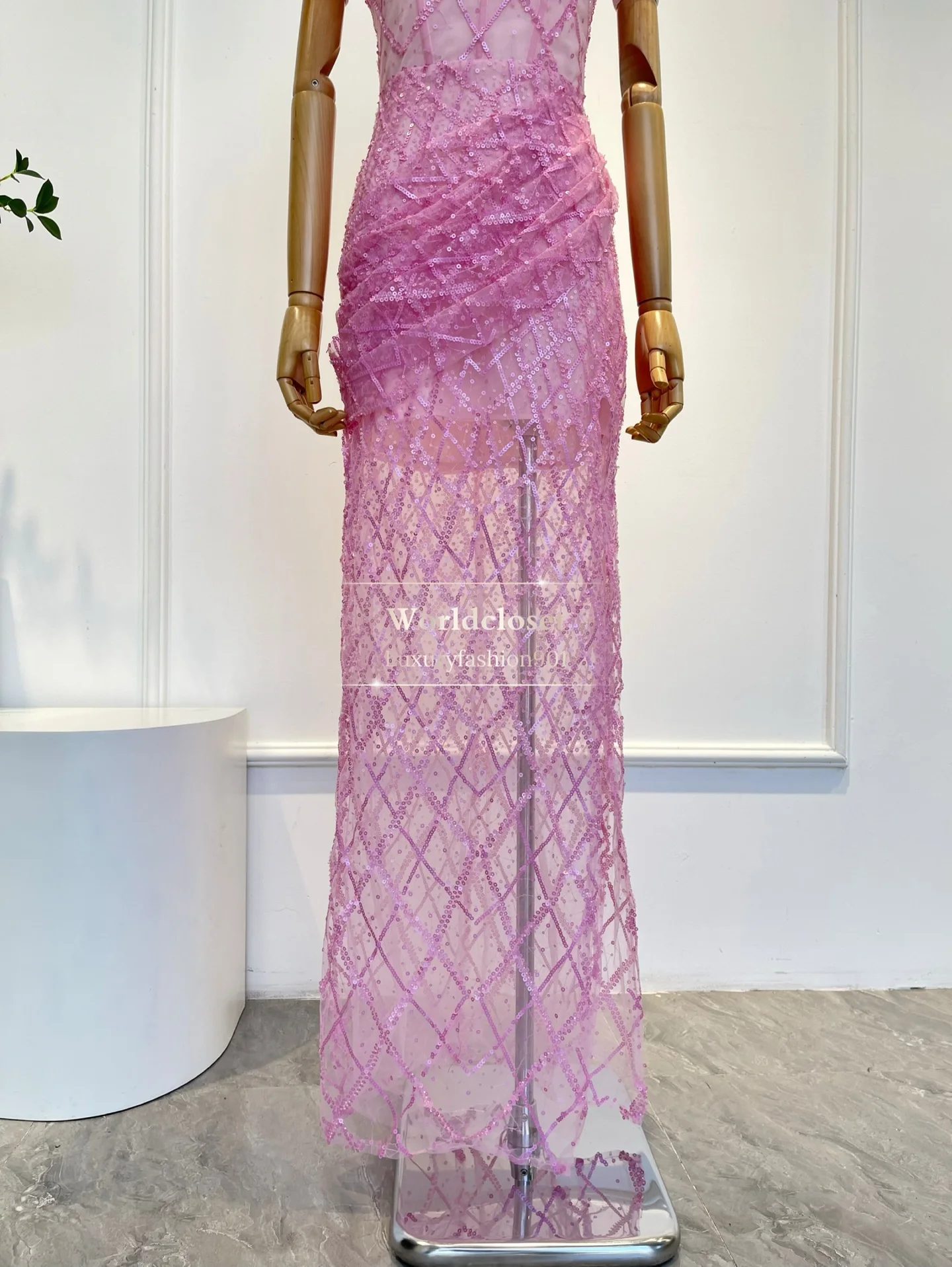 جودة عالية البنفسجي الأرجواني أكمام الترتر شبكة أنبوب عارية الذراعين فستان ماكسي #5