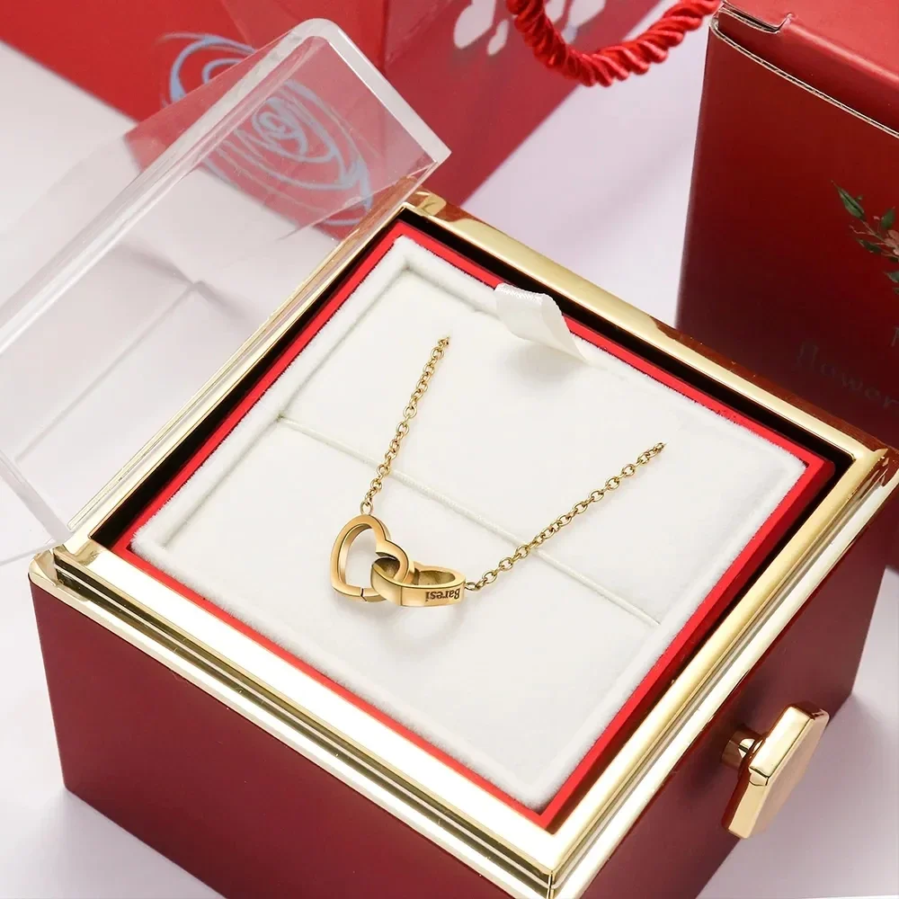 2024 New Valentine\'s Day Gift Custom for Women Double Heart Engraved Name Steel Necklace Eternal Rose Box Wedding Ring Box