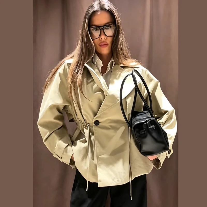 Fashion Collared Trench Coat Pull Drawstring High Waist Cinched Button Decoration Slim Jacket 2026 Fall Commute Daily Overcoat