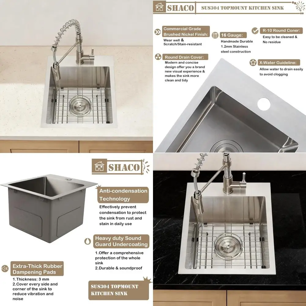 

15 x 13 Topmount Stainless Steel Single Bowl RV Bar Sink with Drain Strainer