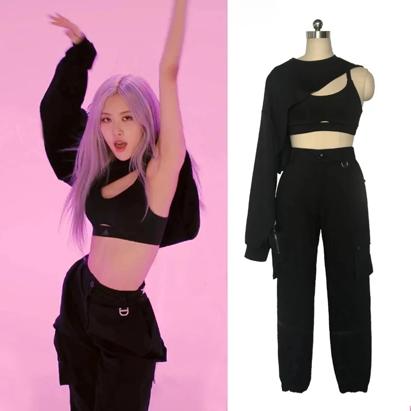 

Kpop Korean Singer Black Cropped Vest Hoodies Dance Outfits Jazz Stage Costume Nightclub Women Group Hip-Hop Dance Pants Costume