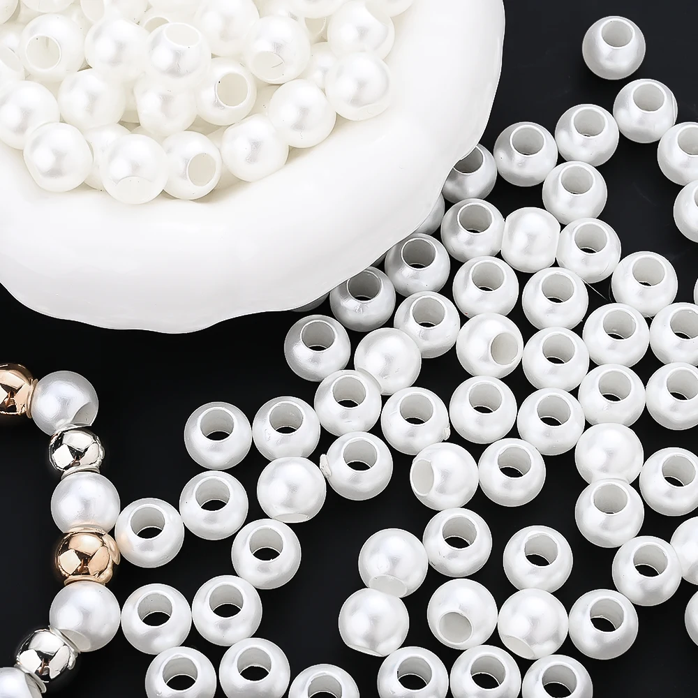 100 Stück 10mm Weiße Imitationsperlen aus Acryl mit Großem Loch für DIY Schmuckherstellung Armbänder Halsketten Perlen-Zubehör – Detail 4