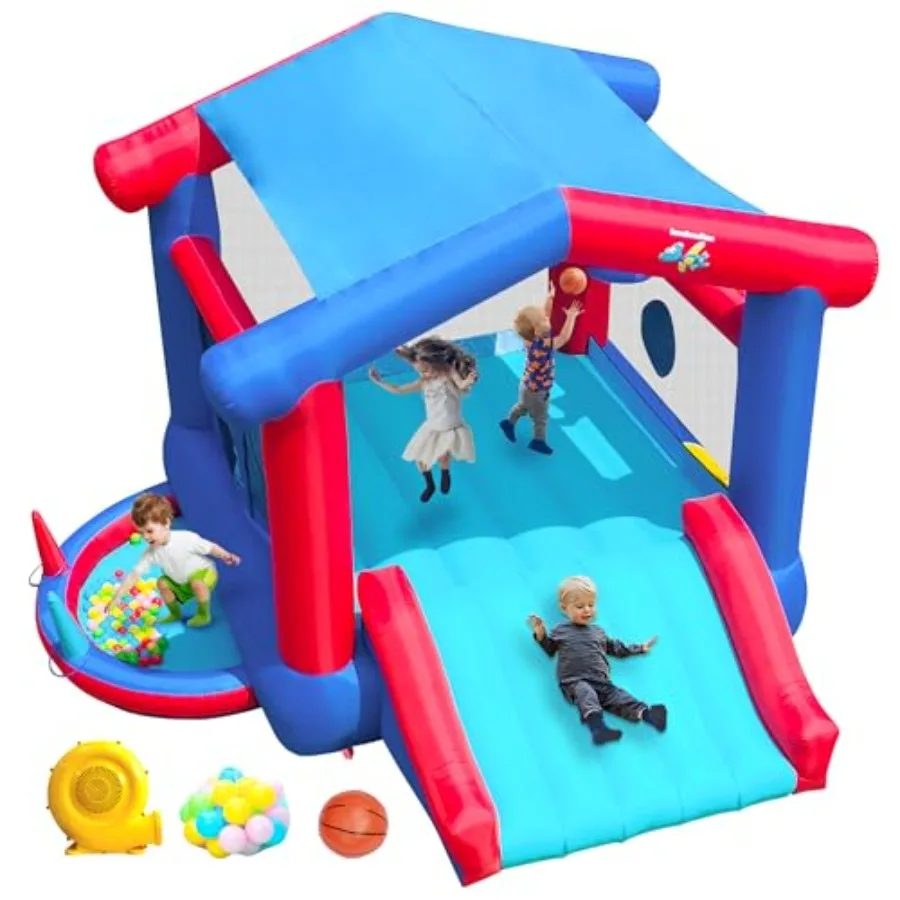 

Надувной батут для 4 человек с вентилятором, 143 x 142 x 99 дюймов, 7 в 1: батут, горка, бассейн с шариками, баскетбольное кольцо, синий и красный