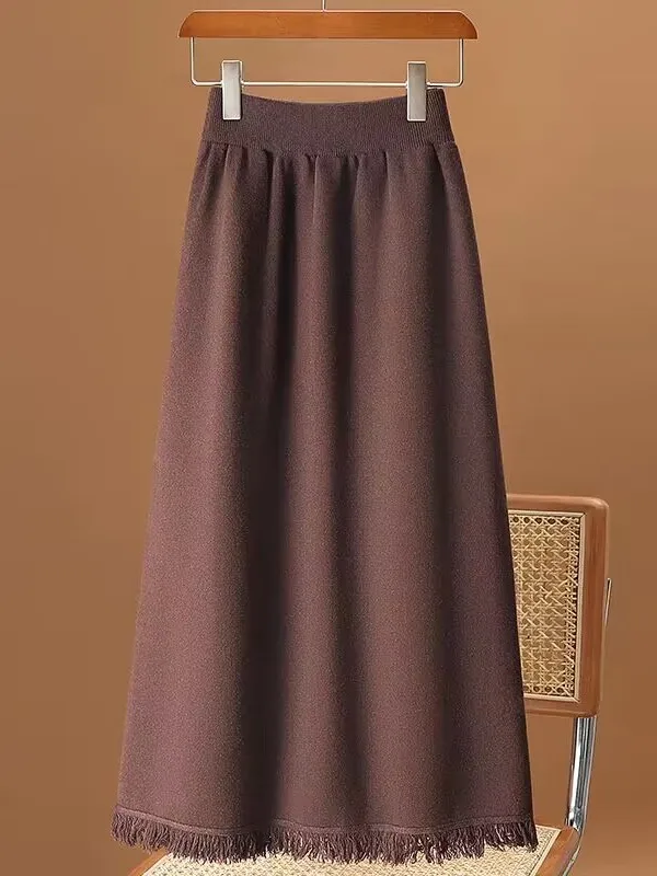 กระโปรงผ้าวูลสำหรับผู้หญิง ฤดูใบไม้ร่วง ฤดูหนาว กระโปรงทรงเอวสูง กระโปรงยาวปานกลาง กระโปรงผ้าถักแบบลำลอง ผ้าฝ้ายถัก ยืดหยุ่น 100%