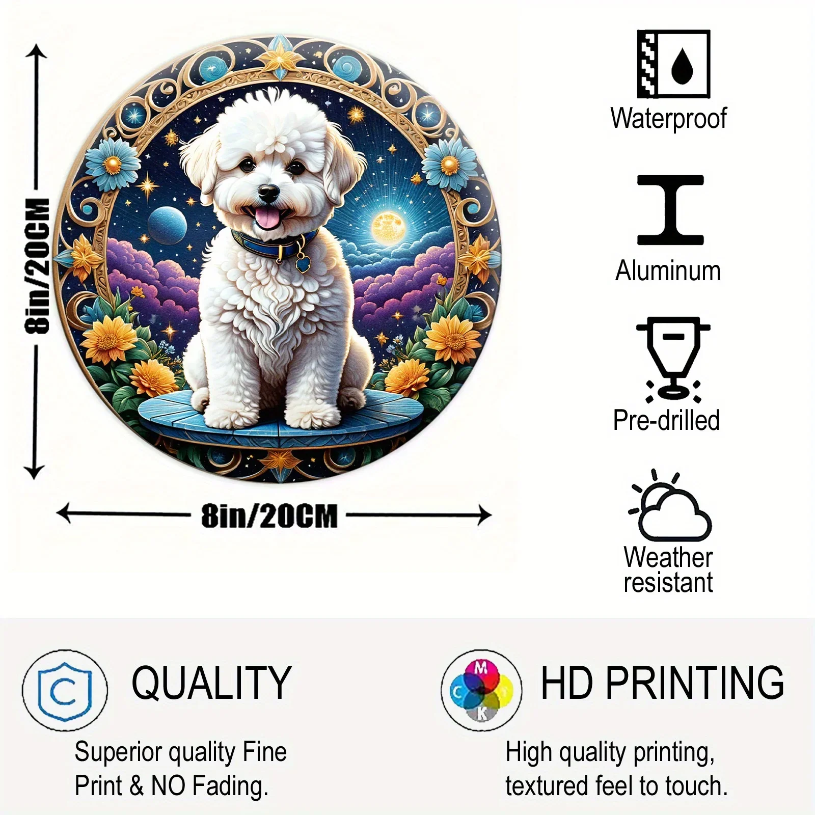 لافتة بيشون فريز مطلية مجعدة، لافتة دائرية لطيفة على شكل كلب، معلقة على الحائط، (20 * 20 سم) ديكور، ديكور المقهى، هدايا نسائية. المرآب #6