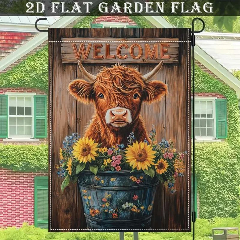 

2D Flat Welcome Highland Cow Yard Garden Flag Polyester Fabric Outdoor Lawn Porch Farmhouse Decoration Double Sided Seasonal Welcome Banner Durable Home Garden Decor Rustic Country Style Flag Only Decorative Outdoor Banner