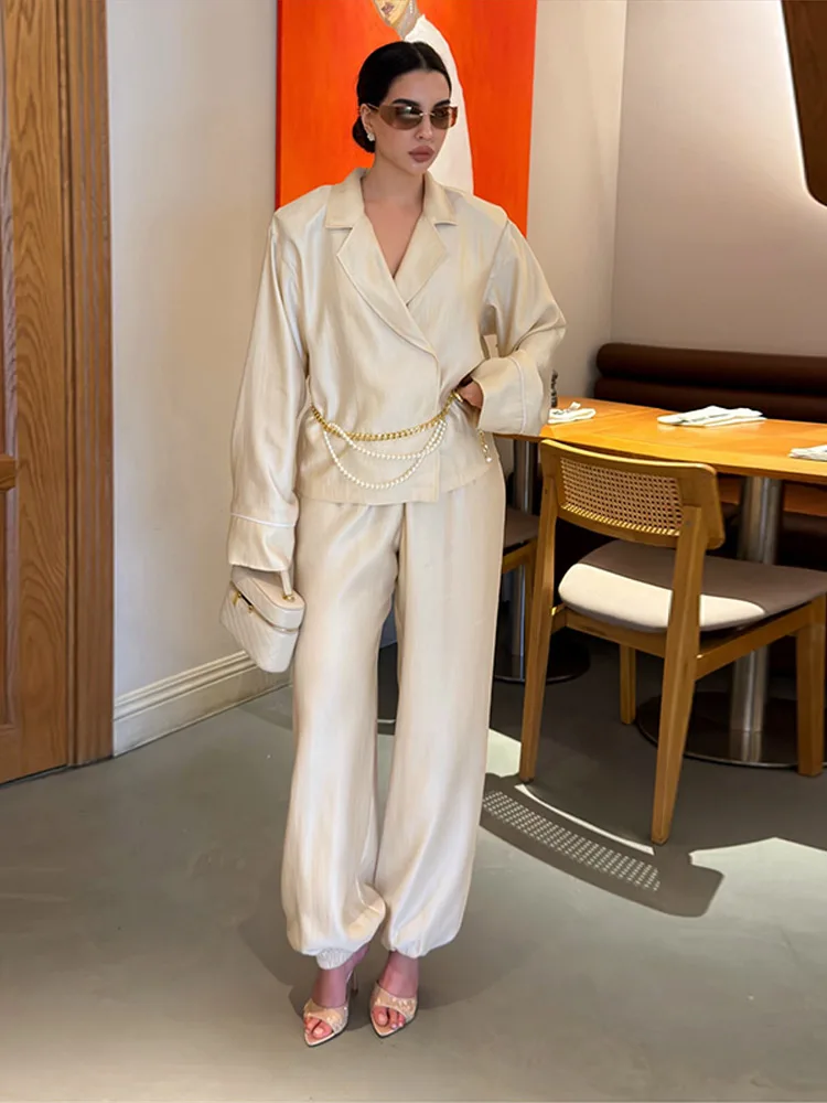 

Fashion Solid Long Pants Set for Women Elegant Long Sleeve Lapel Shirt Wide Leg Trousers 2026 Spring Lady 2 Pcs Outfits Street