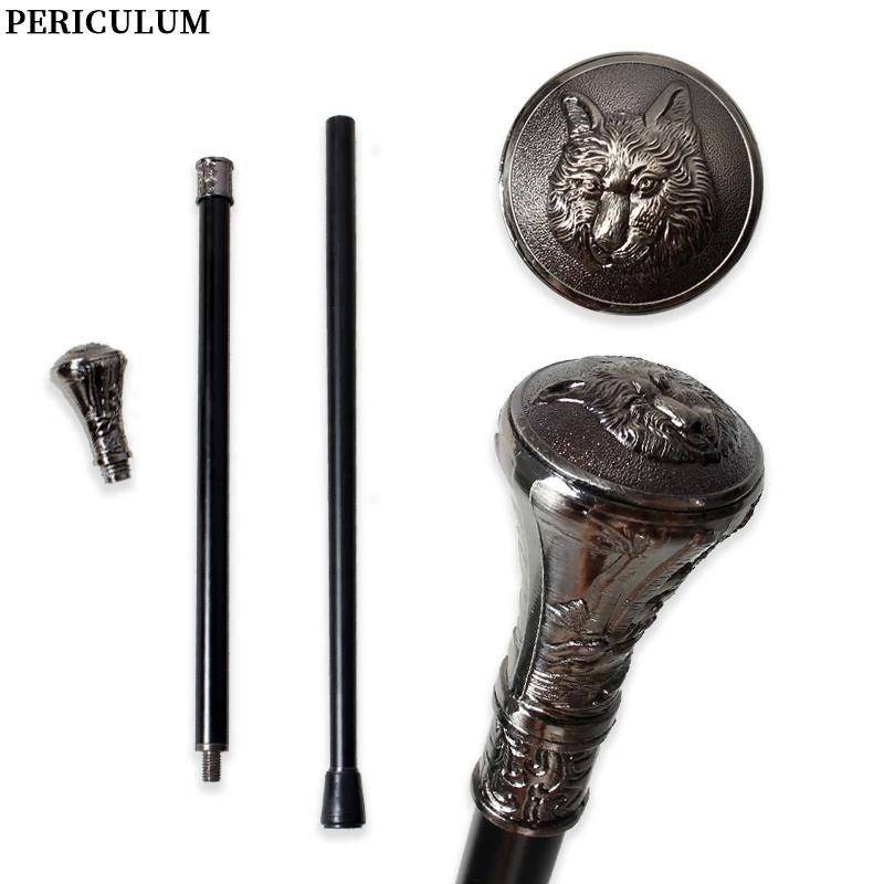 Antique Silver Wolf Head Carved Walking Cane with Detachable Handle Vintage Walking Stick Cosplay Prop for Men And Women