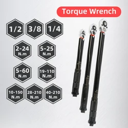 Torque Wrench 1/2 3/8 1/4 Square Drive 2-210N.m Bicycle Key Ratchet Spanner ±4% Accuracy Profeesional DIY Aotumotive Car Tool