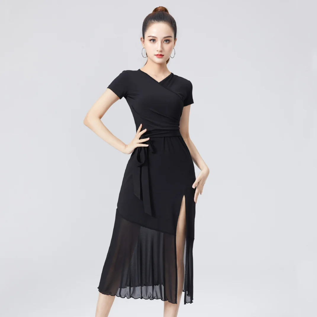 New Latin Dance Dress Short Sleeve Female Adult Black National Standard Dance Sexy Performance Dance Dress